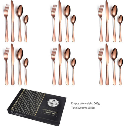 24-piece 18/10 stainless steel cutlery set in silver finish with knives, forks, spoons for six, optional wood box storage