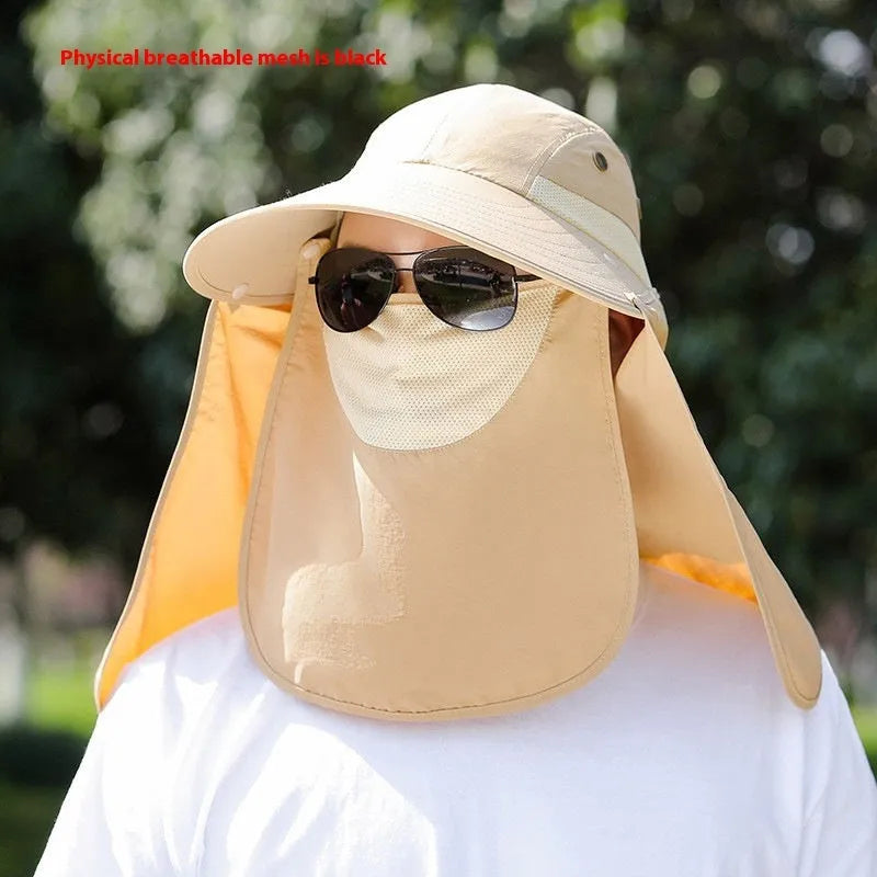 Men's khaki sun hat with built-in cooling fan and attached face covering neck shawl for outdoor protection.
