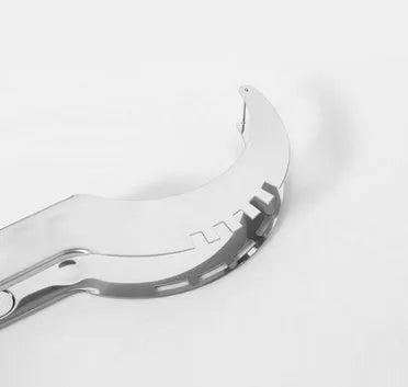 Silver stainless steel melon cutter for slicing watermelon and other large fruits.