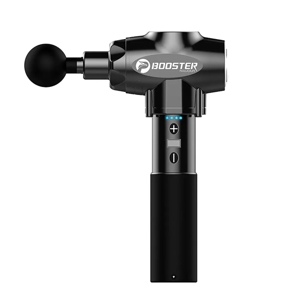 Black and white handheld percussion massage gun on a grey background, showing ergonomic grip.