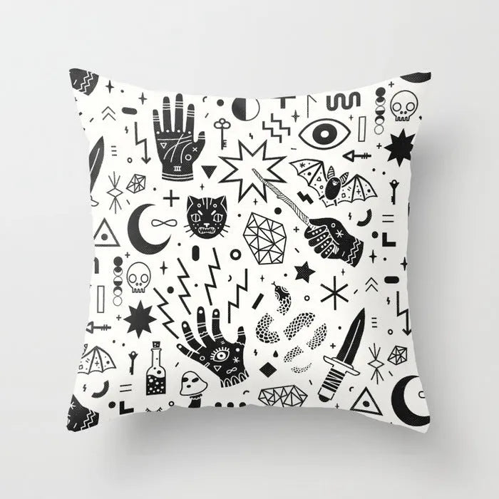 Halloween-themed cartoon print cushion cover on a sofa, 45x45 cm size.