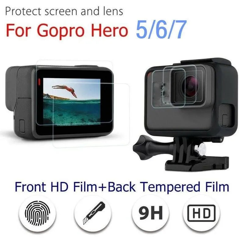 GoPro Hero 5/6/7 transparent 9H tempered glass lens and LCD screen protector films
