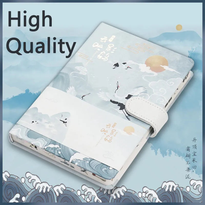 A5 wire-bound retro style notebook with colourful illustrated cover, shown with included pen.