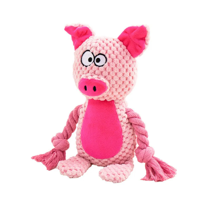 Hippo design plush dog toy with sound feature and cotton rope interior for interactive tug training