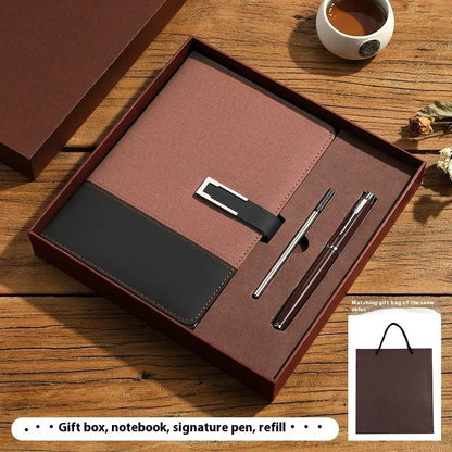 A5 soft PU leather notebook in Business Brown colour, showing thick wood-free paper inside.