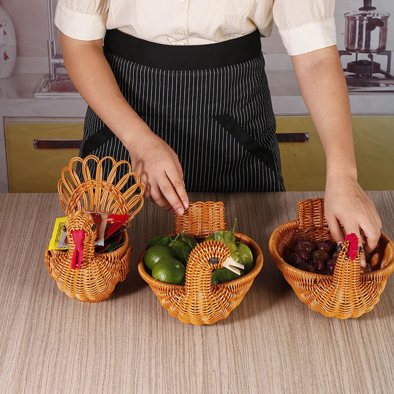 Deer-shaped rattan fruit basket in natural khaki, perfect for fresh produce storage and home decor