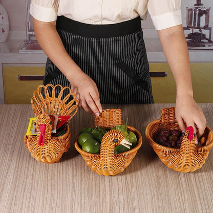 Deer-shaped rattan fruit basket in natural khaki, perfect for fresh produce storage and home decor