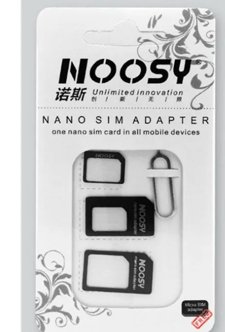 Three-piece SIM card adapter kit with storage case showing standard, micro and nano adapters