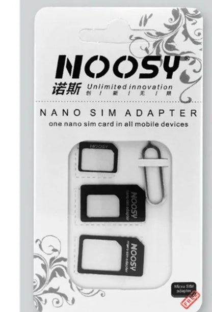 Three-piece SIM card adapter kit with storage case showing standard, micro and nano adapters