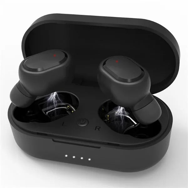 Black and white M1 wireless Bluetooth earbuds with a charging case on a neutral background.