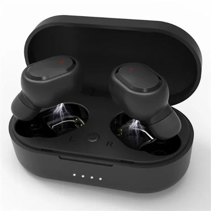 Black and white M1 wireless Bluetooth earbuds with a charging case on a neutral background.