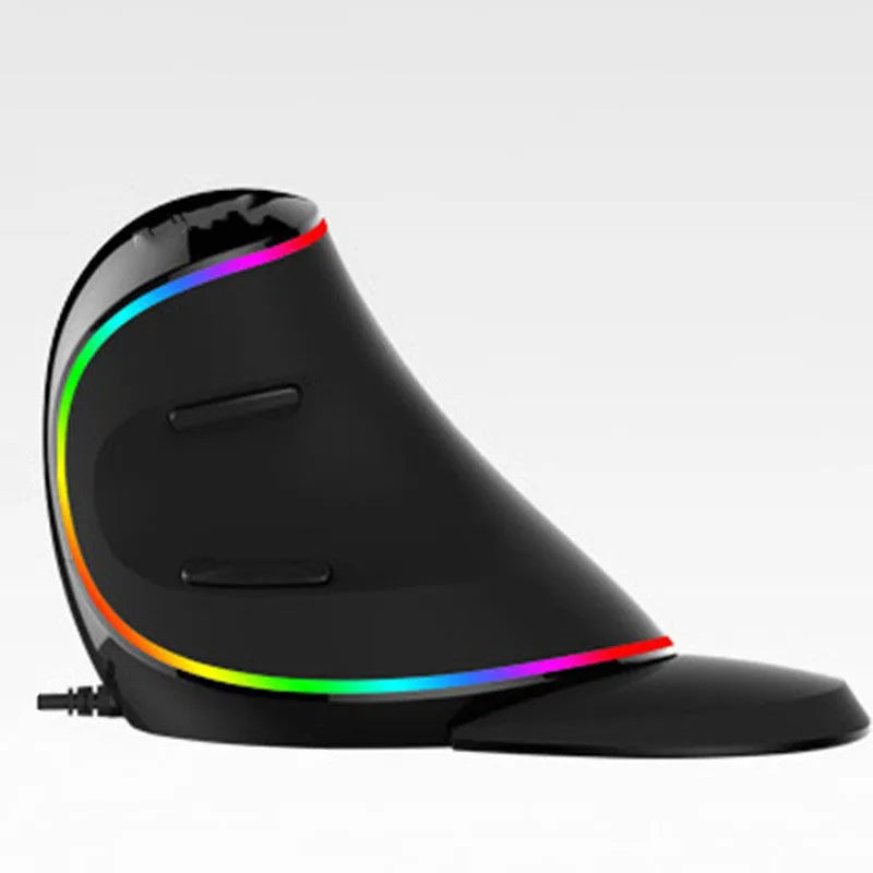 Black vertical ergonomic snail-shaped computer mouse with RGB lighting and USB cable.