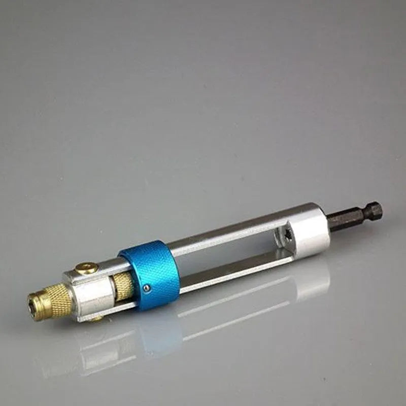Half Time Drill Driver adapter set with swivel head, shown with Phillips, flathead, and countersink bits on a workbench.