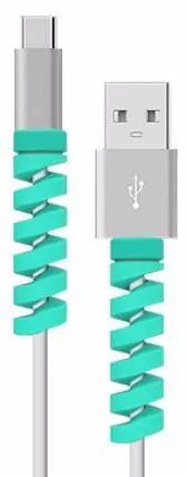 Plastic charging cable protector sleeve shown in various colours including black, blue, pink and yellow.