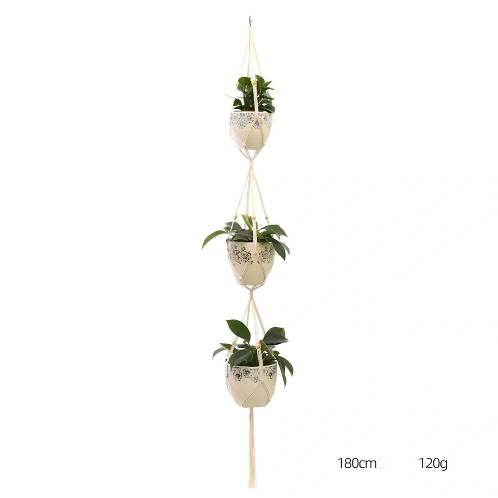 Hand-knitted cotton flowerpot net bag showing intricate pattern and hanging installation with plant