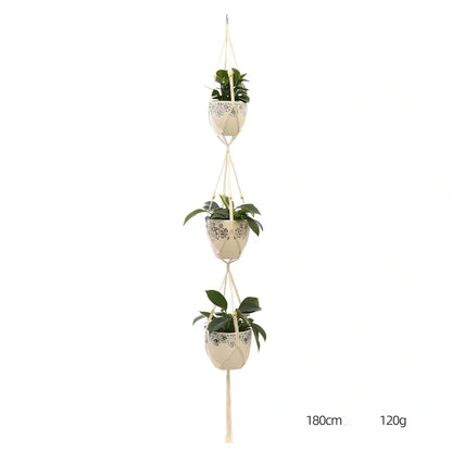 Hand-knitted cotton flowerpot net bag showing intricate pattern and hanging installation with plant