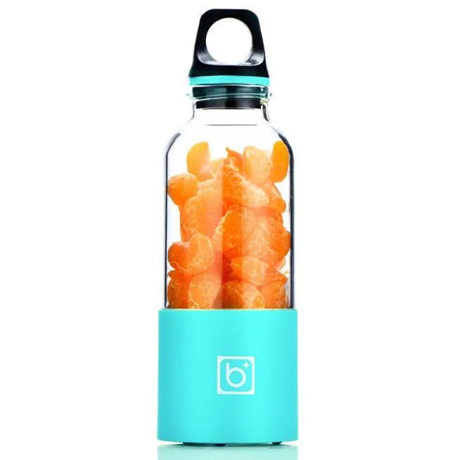 Bingo portable electric juice cup in blue, a 500ml USB rechargeable mini blender with a clear food-grade PC cup and stainless steel blade.