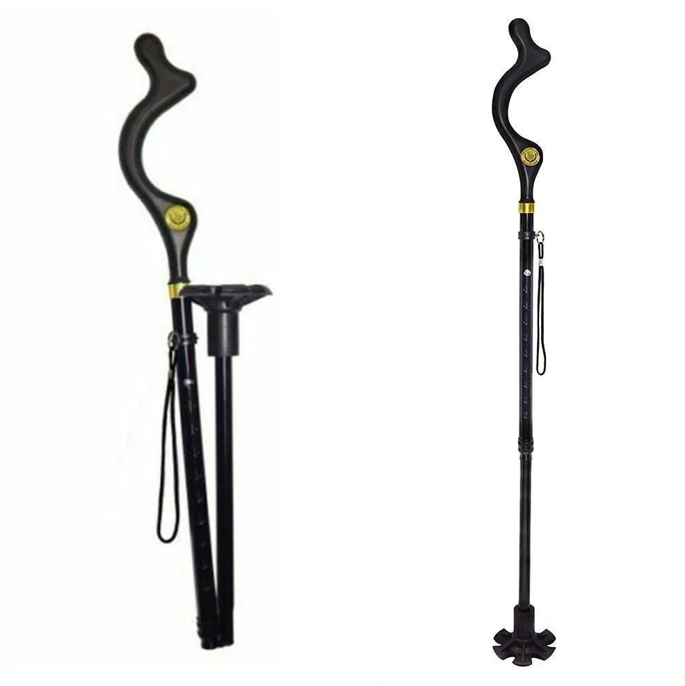 Telescopic folding walking stick with ergonomic handle and six rubber tips for stability