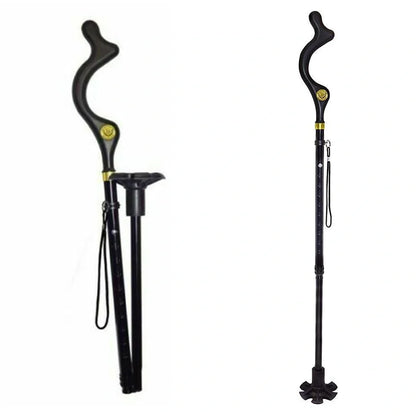 Telescopic folding walking stick with ergonomic handle and six rubber tips for stability