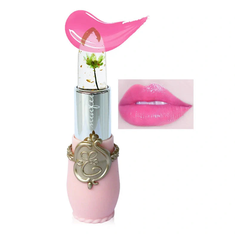 Six Flower Crystal Jelly Magic Lipgloss tubes in Green, Pink, Purple, Red, Rose, and Yellow colours showing high-shine finish