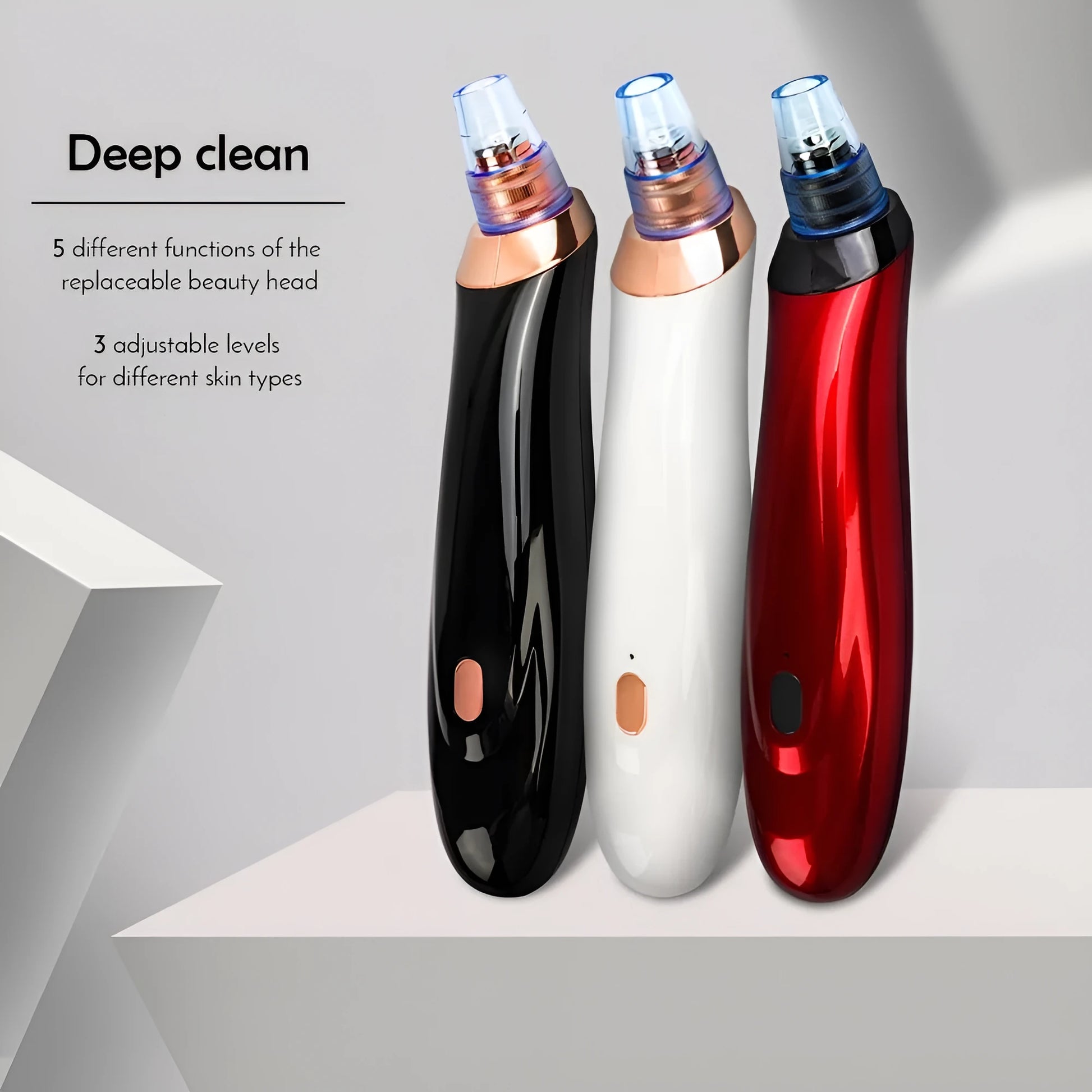 Electric blackhead remover device with five suction nozzle attachments, shown in black colour.
