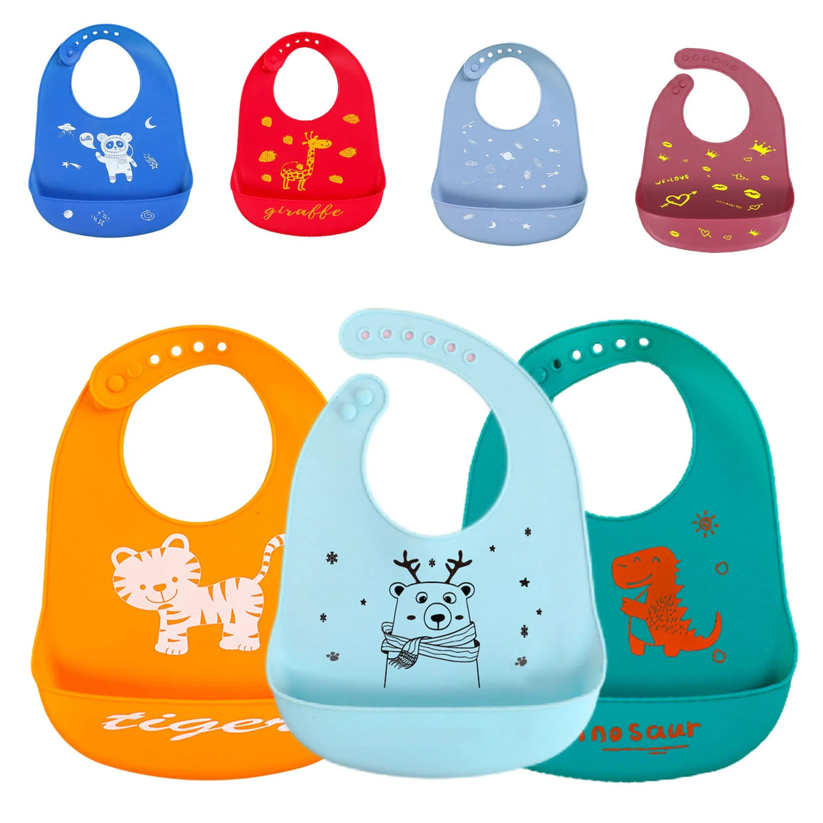 Silicone baby bib with cartoon print, waterproof and antifouling, for ages 0-6 years