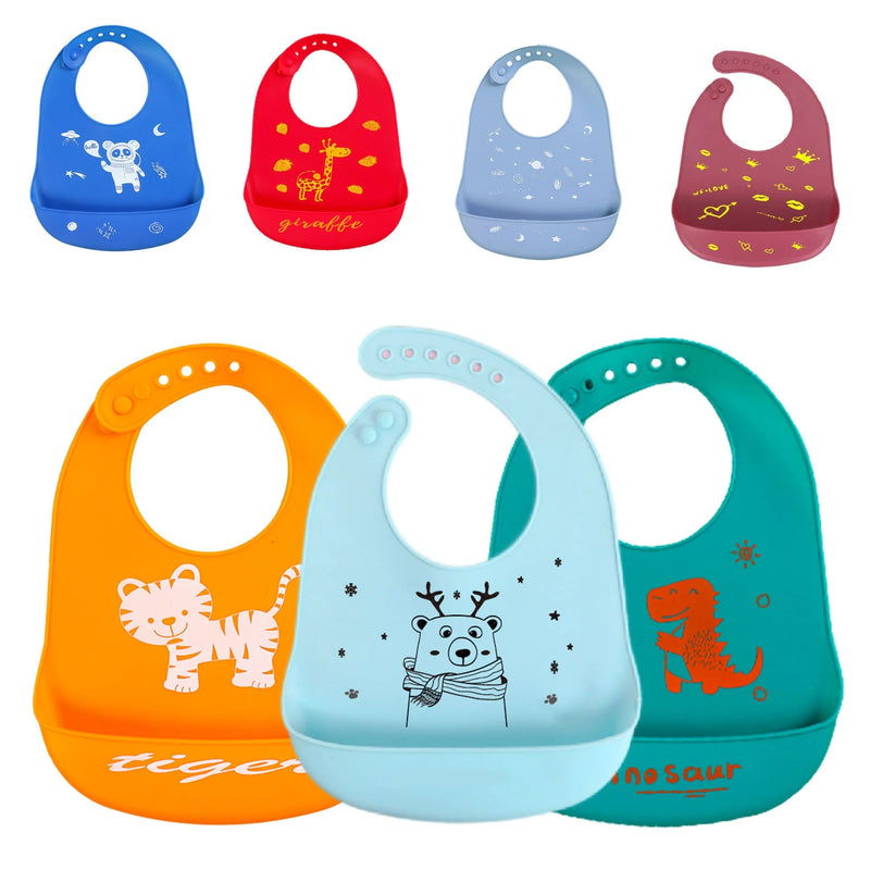 Baby Silicone Bib Waterproof and Antifouling Cartoon Printed Bib for Boys and Girls Adjustable Feeding Bib for Babies Toddlers and Children with Animal Dinosaur and Space Patterns