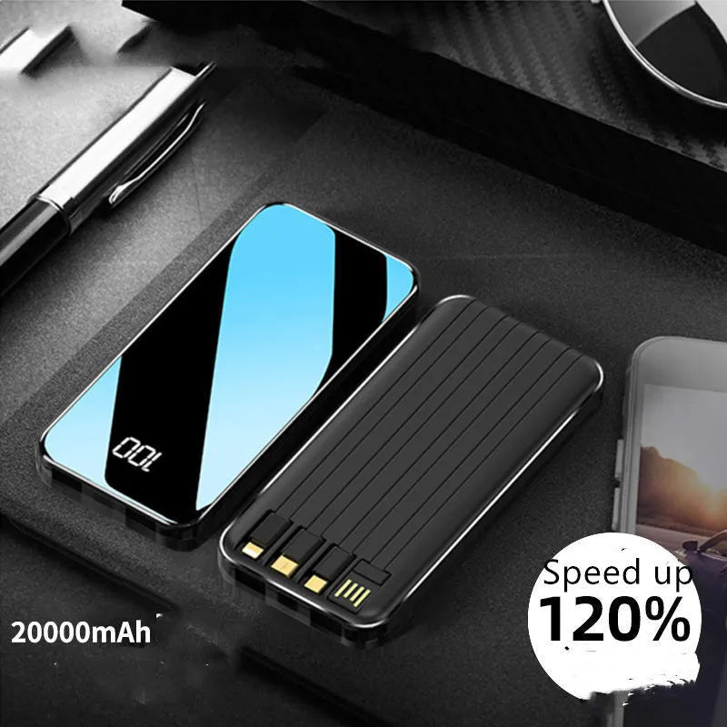 Portable power bank with digital display showing battery percentage and multiple charging ports
