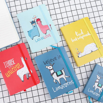 Alpaca cartoon design notebook in A5, A6, and A7 sizes showing yellow paper inside.