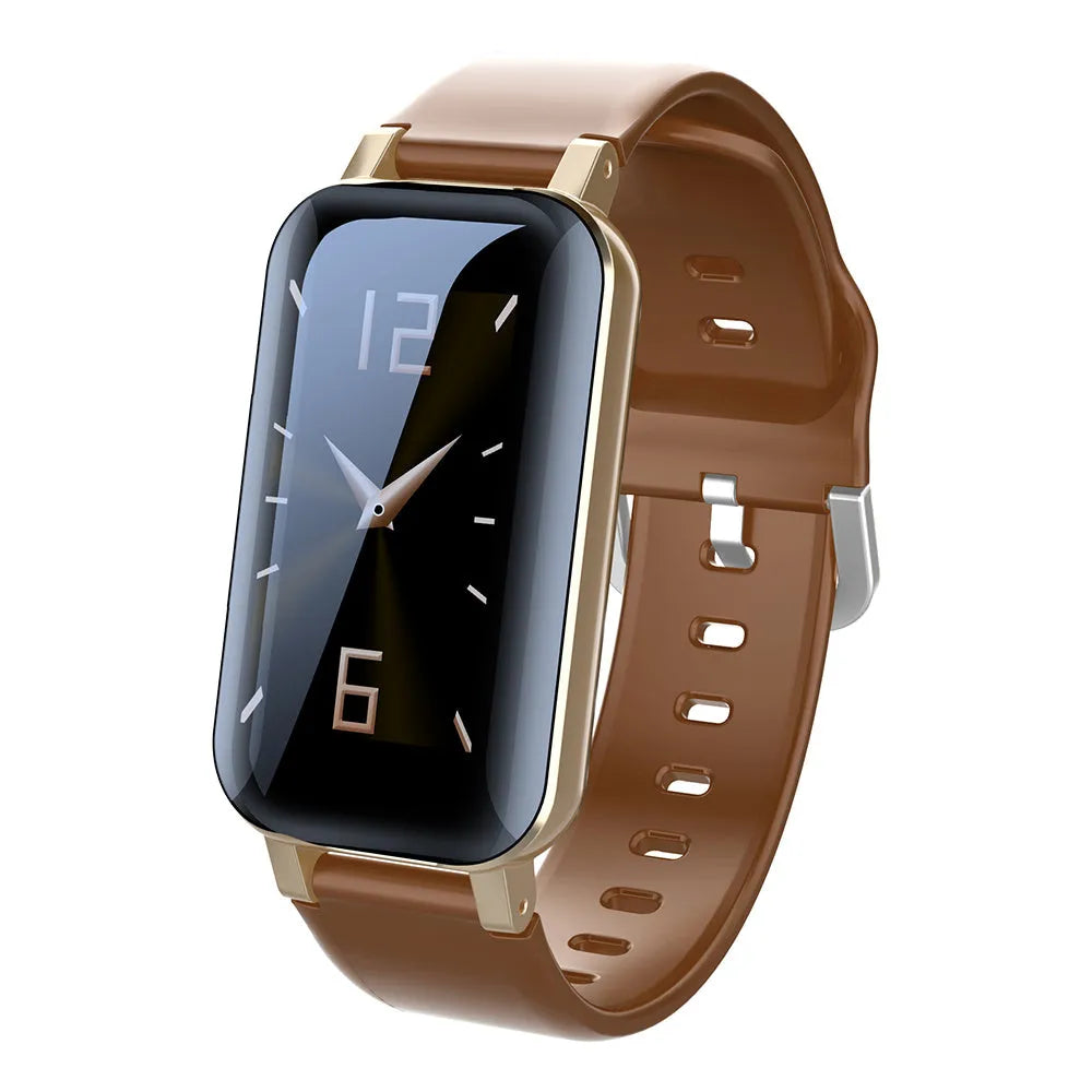 Call Bracelet smart fitness tracker on wrist in black, blue, or coffee colour, showing heart rate monitoring.