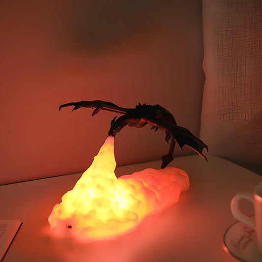 3D printed dragon LED night light with blue colour and fire illumination effect