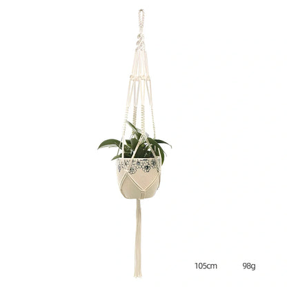 Hand-knitted cotton flowerpot net bag showing intricate pattern and hanging installation with plant
