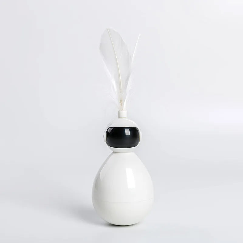 Tumbler cat toy in white, yellow, or pink with ABS body and feather replacement pieces.