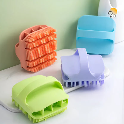 Silicone scalp massager shampoo brush with long bristles and ergonomic handle in assorted colours.