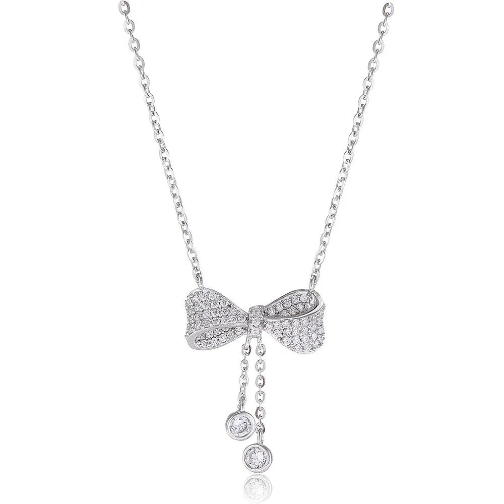 Silver bow pendant necklace with O-ring chain, adjustable 40-45cm length, 925 sterling silver composition