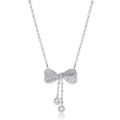 Silver bow pendant necklace with O-ring chain, adjustable 40-45cm length, 925 sterling silver composition