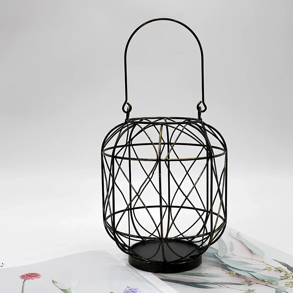 Geometric European iron candlestick with baking paint finish in gold colour, 20cm height