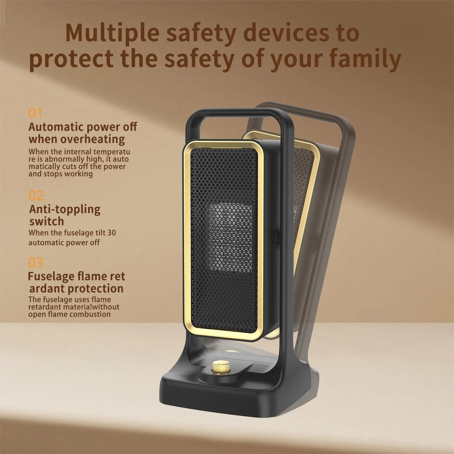 Black PTC ceramic desktop air heater with knob control, dimensions 14.9cm wide by 33.5cm high
