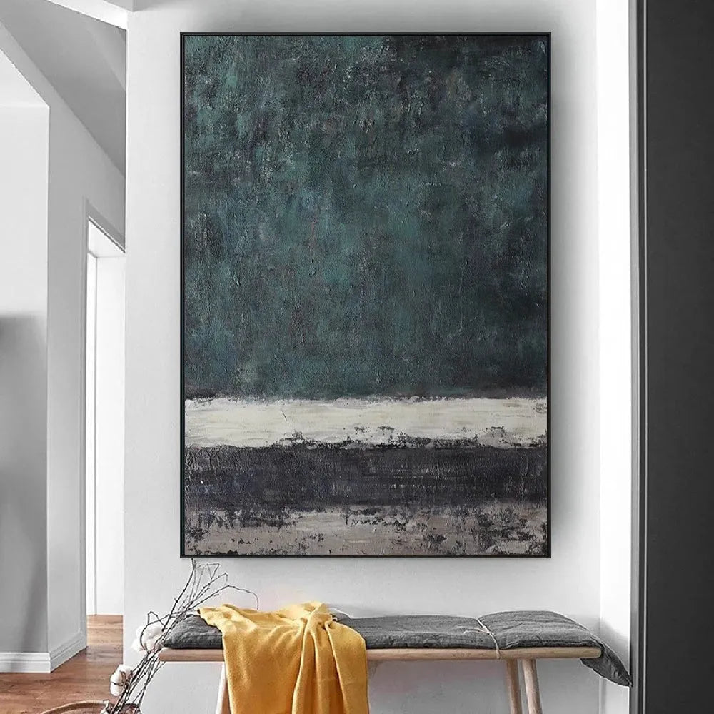 Large handmade abstract oil painting with retro green texture on vertical one-panel canvas, no frame, for living room or bedroom wall art
