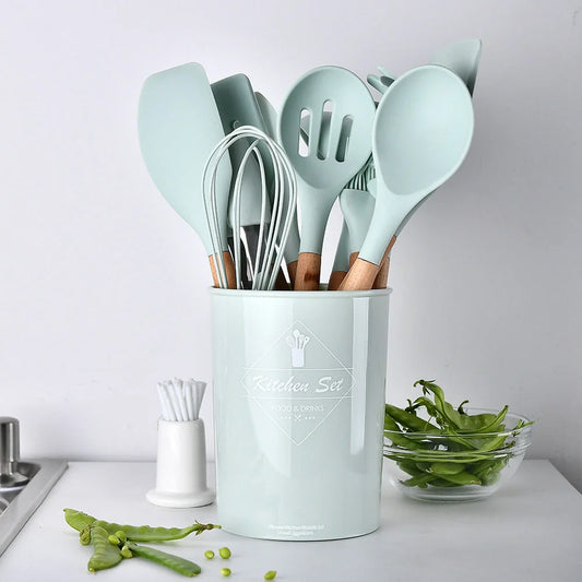 Premium silicone kitchenware set with wooden handle, ideal for cooking and baking