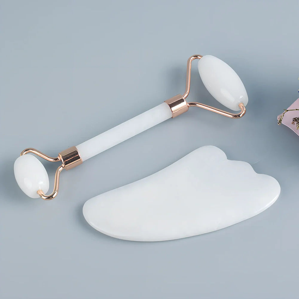White jade facial roller set with double-headed design and scraping board for gua sha massage