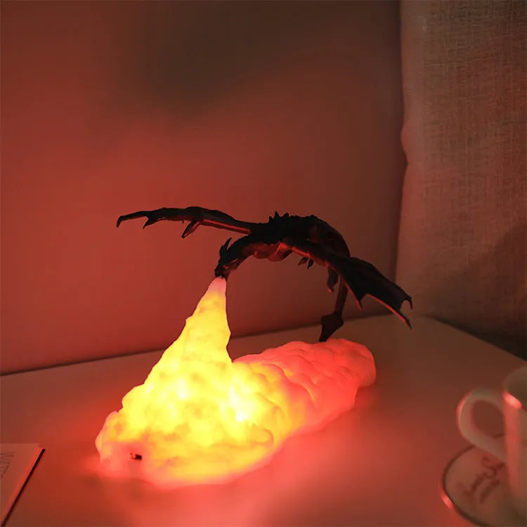 3D printed dragon-shaped LED lamp with USB charging cable, available in fire or ice dragon colours