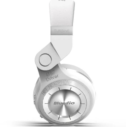 Blue String T2 Smart Edition 4.1 black and white over-ear Bluetooth headphones with folding metal headband.