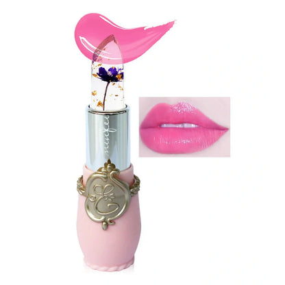 Six Flower Crystal Jelly Magic Lipgloss tubes in Green, Pink, Purple, Red, Rose, and Yellow colours showing high-shine finish