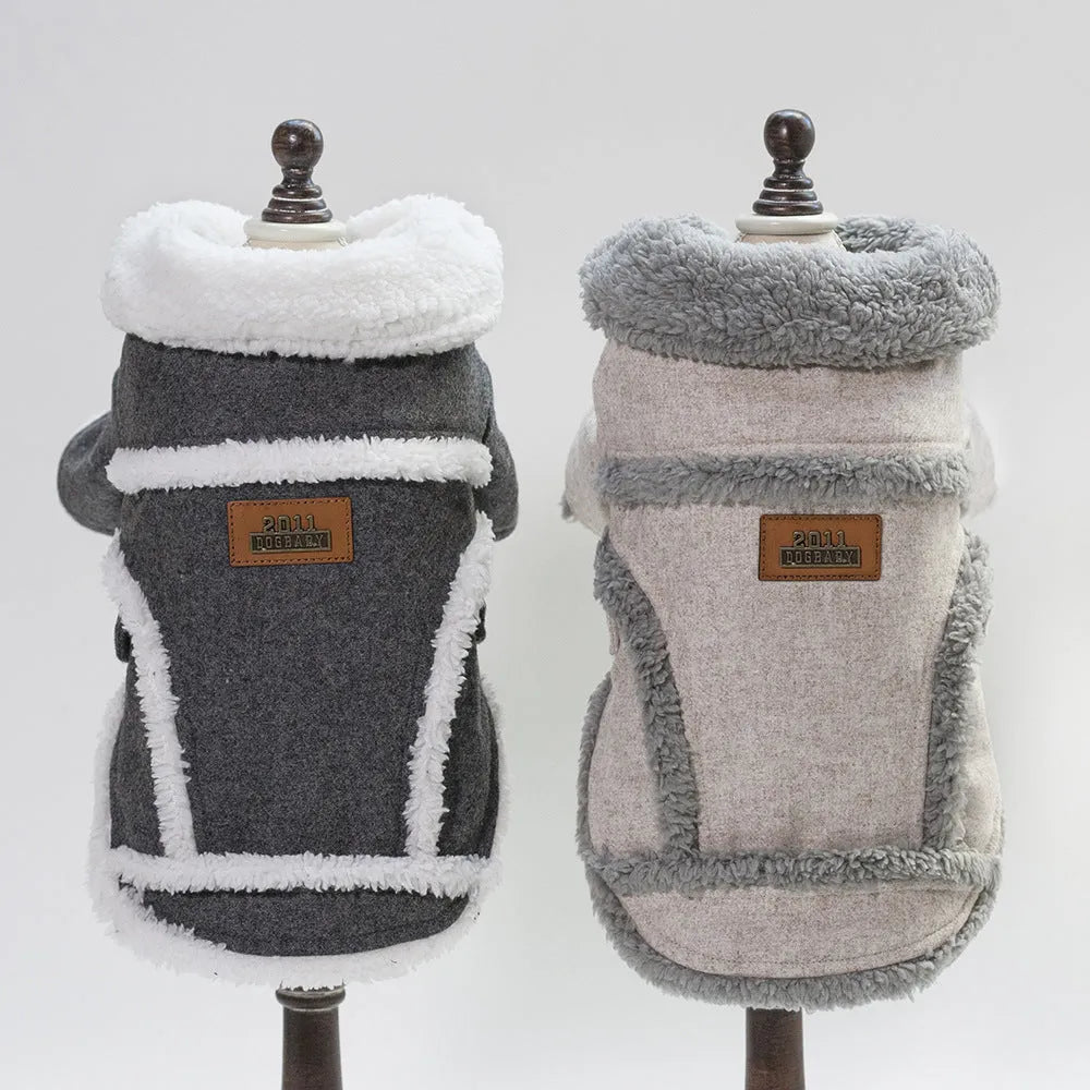 Velvet winter pet coat for small dogs and cats in dark grey or light brown, sizes S to XXL