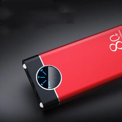 Black, red, and blue coloured 20000mAh fast charging portable power bank with alloy casing.