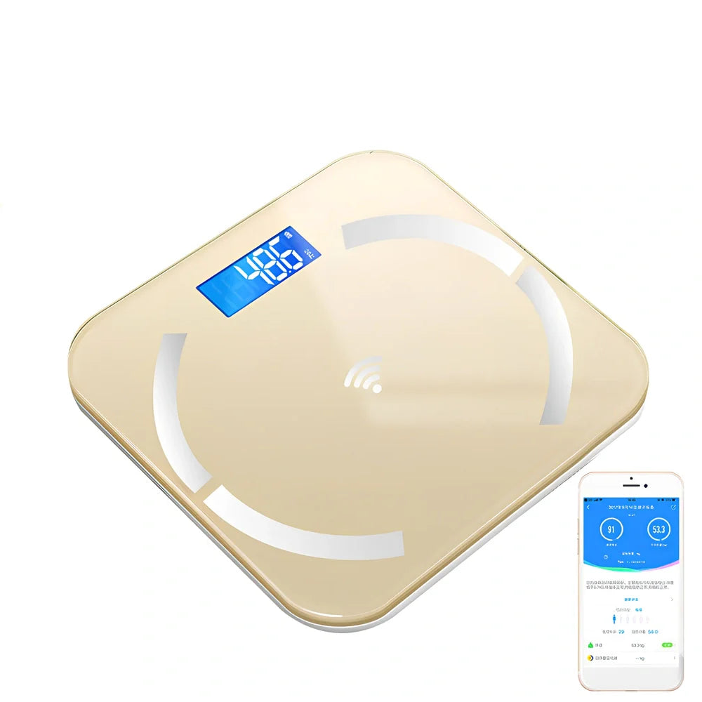 Youmei digital weight scale with 6mm tempered glass surface and blue backlit LCD display