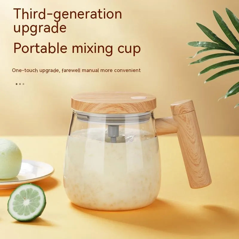 Clear borosilicate glass electric self-stirring coffee mug with 400ml capacity.