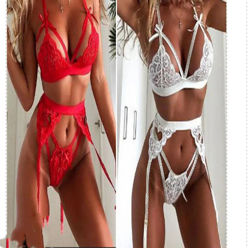 Red and white lace lingerie set with detailed lace pattern, available in sizes S to XL