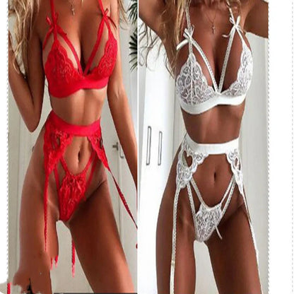 Red and white lace lingerie set with detailed lace pattern, available in sizes S to XL